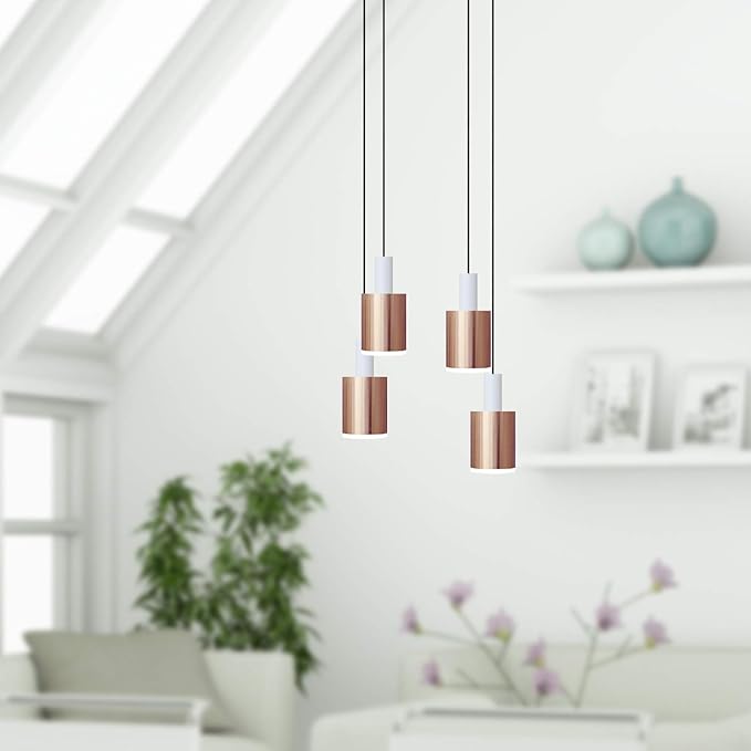 Virgo 4 Mini Pendant Lighting White-Copper - LED Hanging Light Fixture for Kitchen Island, Bar, Foyer - Cluster Pendants - Dimmable, Adjustable Wire, Lamp Bulb Included