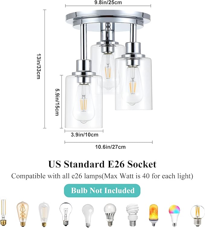 Chrome Semi Flush Mount Ceiling Light, Modern 3-Light Glass Ceiling Light Fixture, 11.2'' Ceiling Lamp for Kitchen, Bedroom, Hallway, Entryway