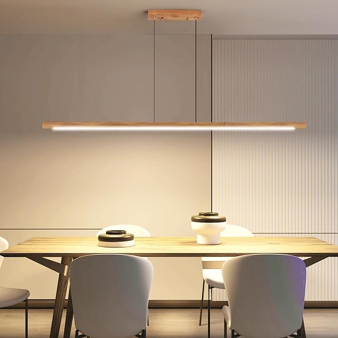 Modern Wooden Pendant Light, 47IN Walnut Wooden Chandelier with Remote Control 3000k-6500K Adjustable Color Temperature，Aluminum Island Lighting Lamp for Dining Room, Living Room, Kitchen
