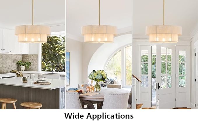 Hand Woven Rattan Chandelier Boho Pendant Light, Adjustable Coastal Hanging Light for Kitchen Island Dining Room Living Room, White, UL Listed