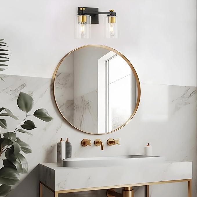 2 Light Bathroom Vanity Light, Black and Gold Bathroom Vanity Light, Bathroom Lighting Fixtures Over Mirror with Clear Glass Shade, Bathroom Light for Bathroom (E26 Base)