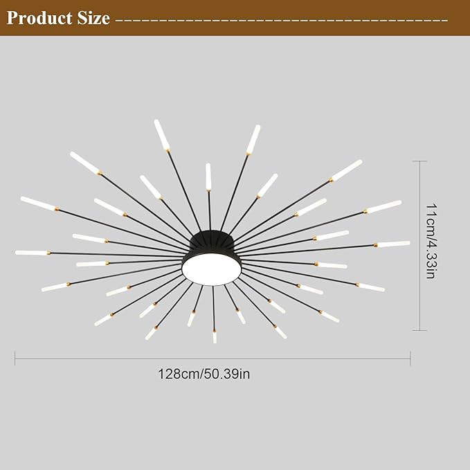 JAYMP 50.4" Ceiling Light Modern Flower Shape Ceiling Lamp for Living Room Dining Room Flush Mount Metal Acrylic Sputnik Firework Petal LED Lighting Fixture (Matte Black, 30+1 Lights)