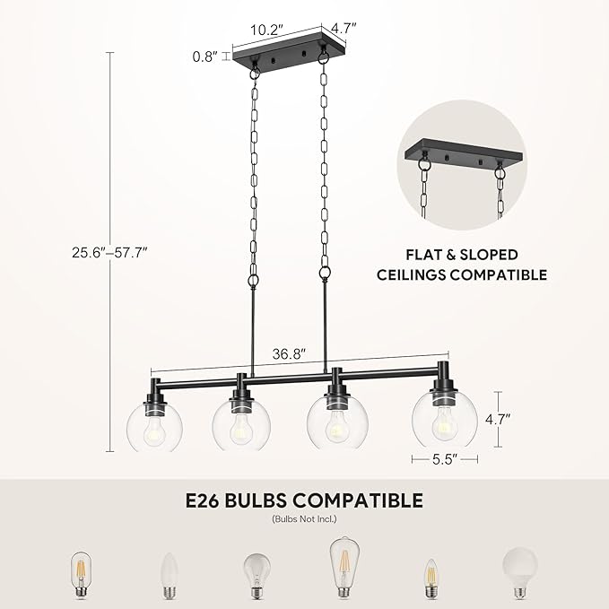 VONLUCE Dining Room Light Fixture Over Table, 4-Light Kitchen Island Lighting with Round Glass Shades & Adjustable Hanging Heights, Linear Chandlier for Dining Room Kitchen, Black, ETL Certificated