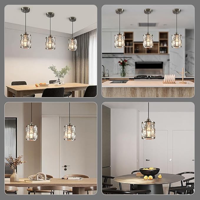 3 Pack Kitchen Ceiling Light Fixtures Crystal Hanging Pendant Lighting with Brushed Nickel Plating Finish Metal Shade for Kitchen Island Dining Room Bar Over Sink