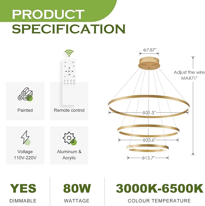 Benkut D31.5 Modern LED Chandelier Gold Dimmable 3 Ring Pendant Light for Dining Room, Kitchen Chandelier Circular with Remote Control Flush Mount High Ceiling Light for Living Room, 3000K-6500K
