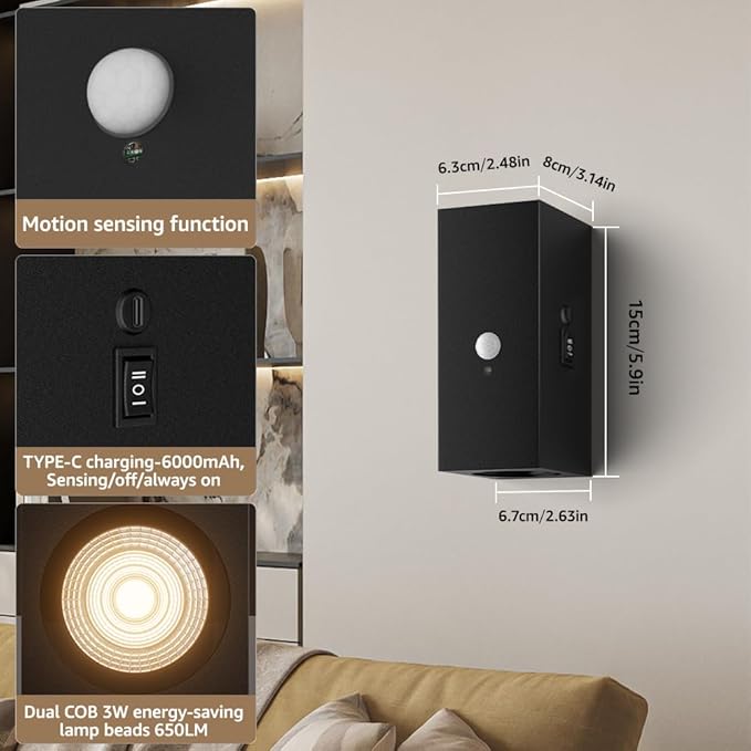 Aipsun Black Battery Operated Wall Sconces 2 Packs with Motion Sensor, Rechargeable Black LED Wall Lighting, Wireless Indoor Aluminum Wall Lights for Living Room, Hallway, Bedroom