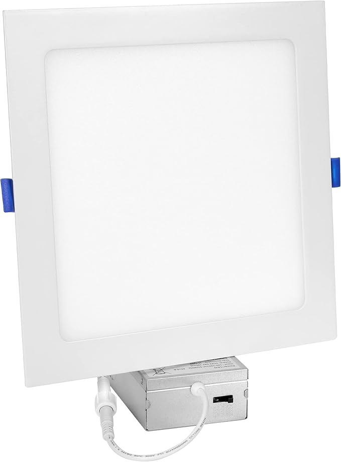 Maxxima 8 in. 5CCT Square Recessed LED Downlight, 1600 Lumens Slim Flat Panel Color Selectable 2700K/3000K/3500K/4000K/5000K, Dimmable, Canless IC Rated, White Trim, J-Box Included