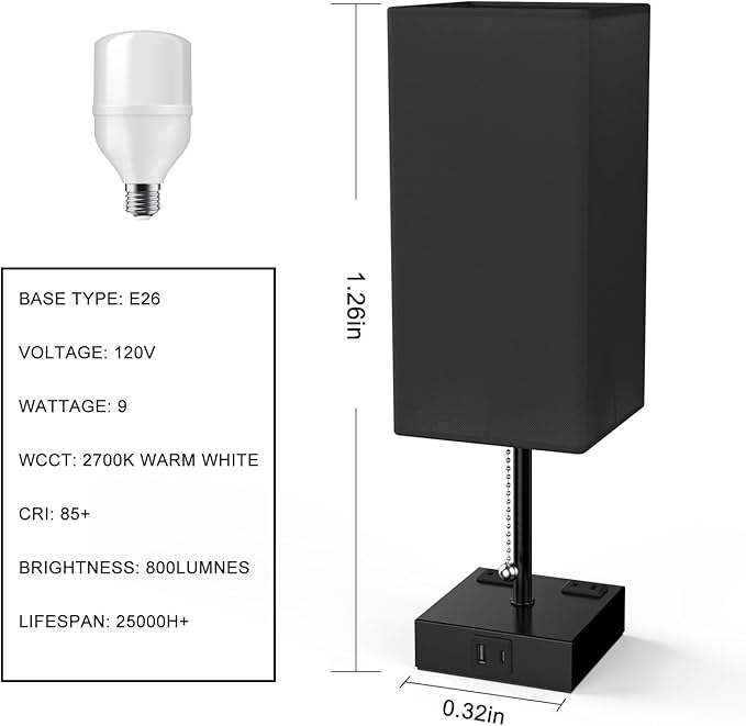 YIDPU Table Lamp for Bedroom with USB,Bedside Lamp with USB C+A Charging Ports,Adjustable 3color LED Light for Home Decor/Nightstand/Office,Included Bulb and Fabric Lamp Shade (Linen Black, 2PCS)