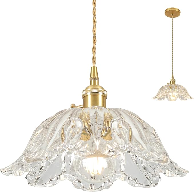 Glass Pendant Light Vintage Light Fixtures,Transparent Modern Chandelier Pendant,E26 Pendant Lights Kitchen Island,10.6 inch Hanging Lamp for Bedroom Hotel Dining Room 1 Light