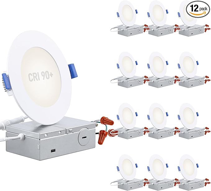 TORCHSTAR Basic Series 12-Pack 4 Inch Ultra-Thin LED Recessed Lighting with Junction Box, CRI90, Aluminum, 4000K Cool White, 5%-100% Dimmable Slim Recessed Downlight, 9W 810LM, ETL and Energy Star