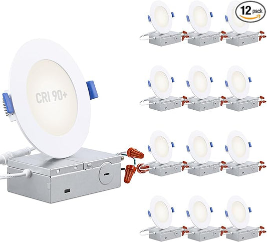 TORCHSTAR Basic Series 12-Pack 4 Inch Ultra-Thin LED Recessed Lighting with Junction Box, CRI90, Aluminum, 4000K Cool White, 5%-100% Dimmable Slim Recessed Downlight, 9W 810LM, ETL and Energy Star