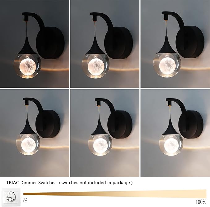 Sedelan Modern Wall Lamp Fixtures, Indoor Moon Crystal Wall Sconces, 5W LED Dimmable Wall Lights for Bedroom Bedside Living Room Corridor Hallway, Sand Black