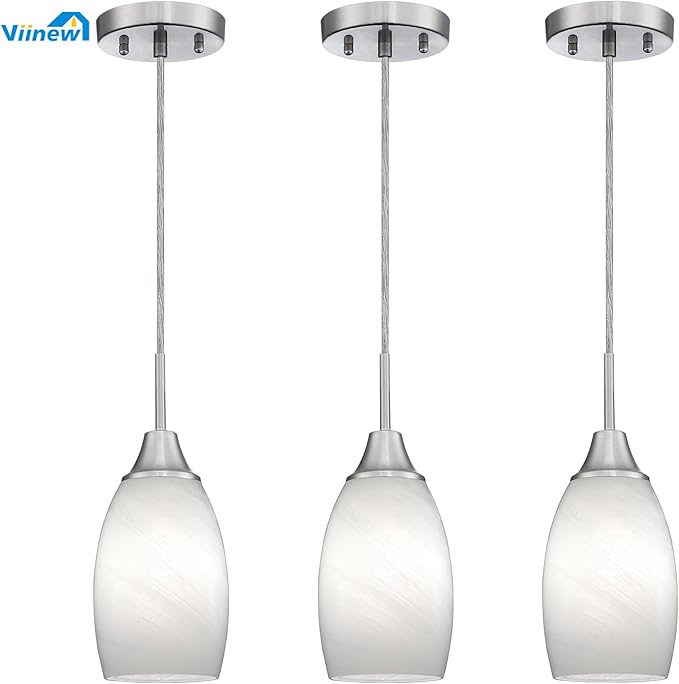 Viinew Mini Glass Pendant Light 4.72" White Swirl Pendant Lights 3-Pack Handblown White Art Oval Glass Hanging Pendant Light for Kitchen Island Dining Room Living Foyer Hallway Entry