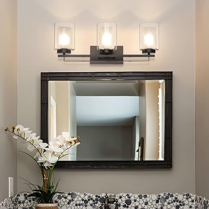 XiNBEi Lighting Wall Light 3 Light Bathroom Vanity Lighting with Dual Glass Shade in Dark Bronze Indoor Wall Mount Light XB-W1195-3-DB