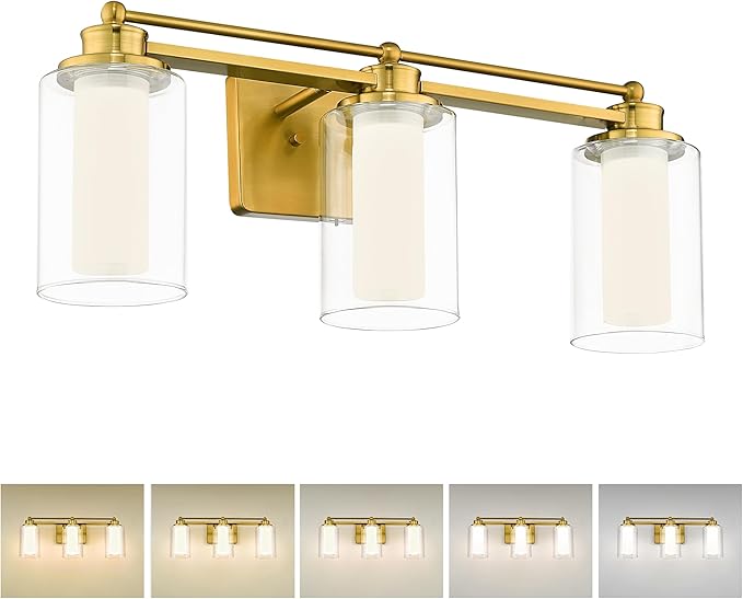 3-Light Bathroom Vanity Light, HWH Brushed Gold Bathroom Light Fixtures Antique Brass Vanity Light with Clear Glass,18W Dimmable LED Vanity Lights 5CCT, 5HLT63B-3W-LED BG