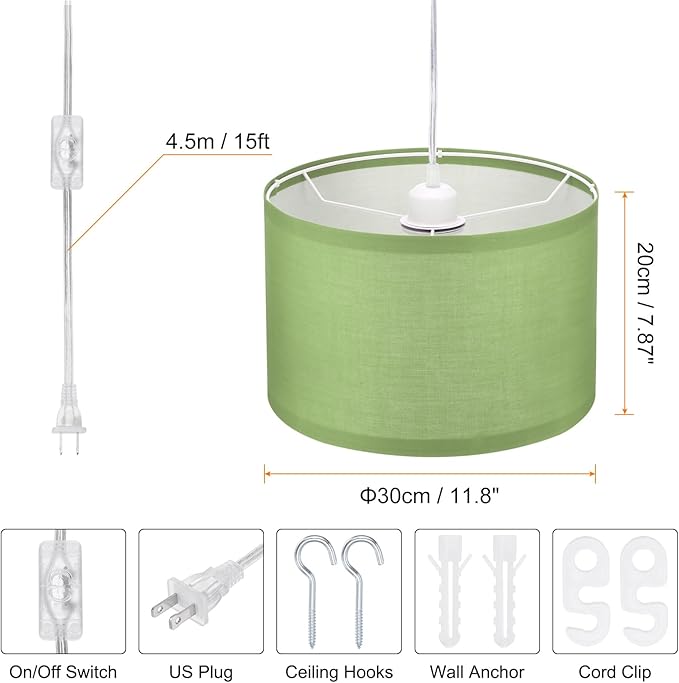 PATIKIL Plug in Pendant Light, 2 Pack 15Ft Rope Cord Hanging Lamp Fixture with ON/Off Switch, Linen Fabric Shade E26/E27 Bulb Socket for Bedroom Kitchen Living Room, Light Green
