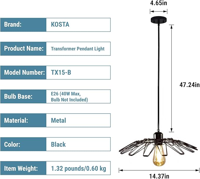 KOSTA Industrial Pendant Lights, Black Hanging Ceiling Lights with Metal Cage for Kitchen Dining Restaurant Room Hallway Hotel Bar, 14.4 Inch, E26, Bulb Not Included, 2-Pack