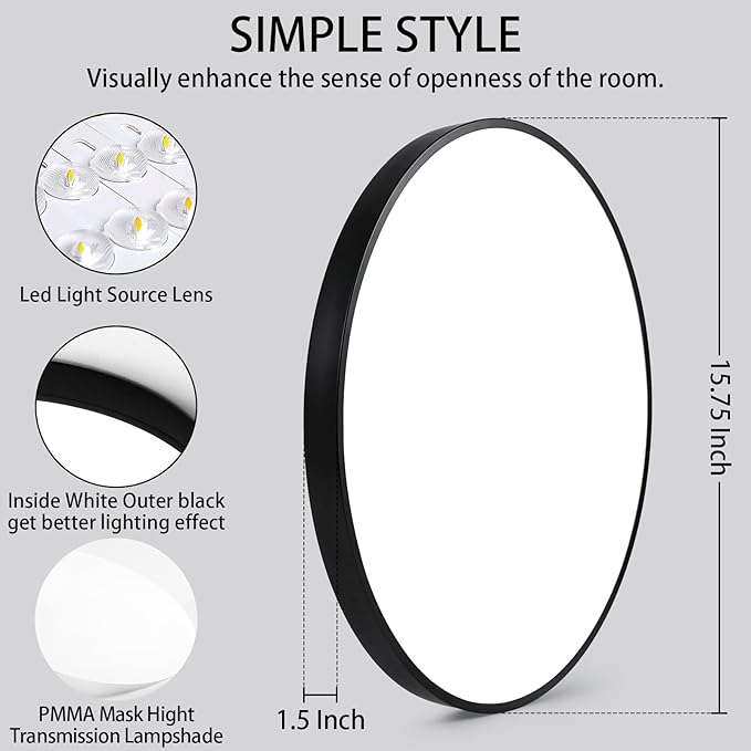 16 Inch LED Flush Mount Ceiling Light Fixture, 5000K Daylight White, 3000LM, 30W, Flat Modern Round Lighting Fixture, 300W Equivalent White NOT-DIMMABLE