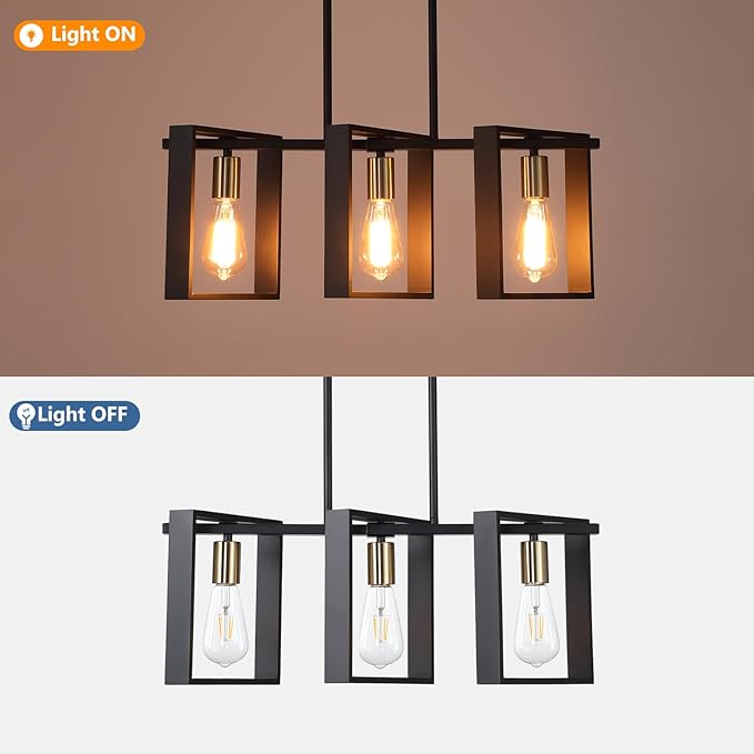 9MMML 3 Lights Kitchen Island Lighting, Modern Rectangle Linear Pendant Light, Black Frame+ Gold Socket Chandelier for Dining &Living Room Foyer Entryway Hallway,E26,Height Adjustable.