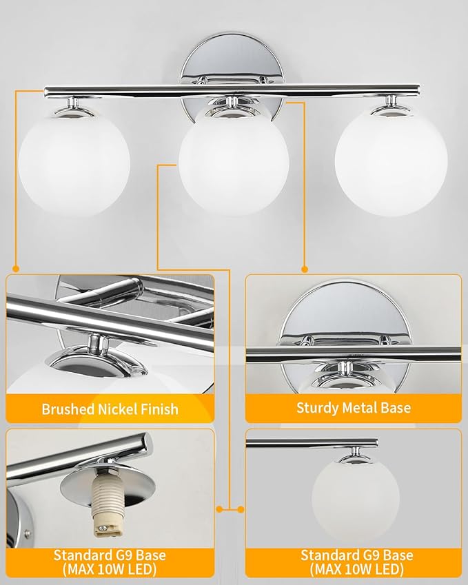 Globe Bathroom Light Fixtures Chrome Vanity Light with Plastic Milk White Globe Shades 11.81 inch Wall Sconce Lighting Over Mirror, 3-Light Vanity Lights for Bathroom Hallway Living Room