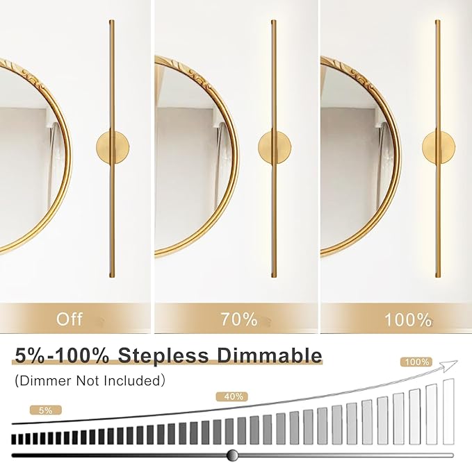 Gold Bathroom Light Fixtures Over Mirror 43 Inch, 33W 360° Rotatable Dimmable 4000K Led Brass Vanity Light Bar, Brushed Gold Bathroom Vanity Lights Above Mirror