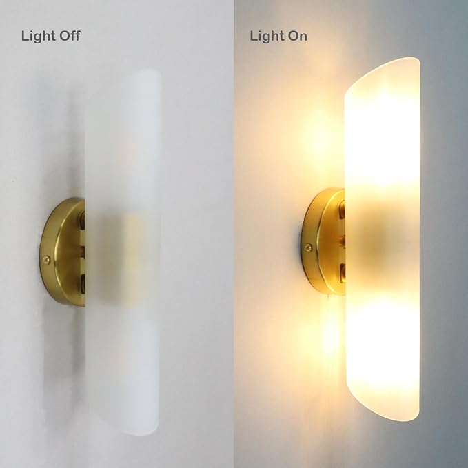 DAYCENT Modern Brass Wall Sconces Set of Two Frosted Glass Wall Light Fixture 2-Light Cylinder Bathroom Vanity Lights Gold Glass Sconces Wall Lighting for Hallway Bedroom Staircase
