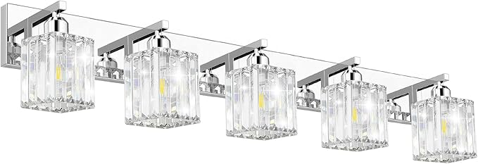 Brushed Chrome Crystal Bathroom Vanity Light, 5-Light Modern Bathroom Lighting Fixtures Over Mirror,Chrome Wall Sconce Light Fixtures with Square Shade