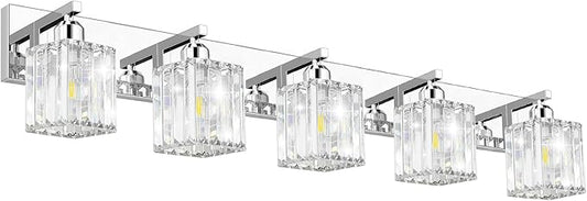 Brushed Chrome Crystal Bathroom Vanity Light, 5-Light Modern Bathroom Lighting Fixtures Over Mirror,Chrome Wall Sconce Light Fixtures with Square Shade