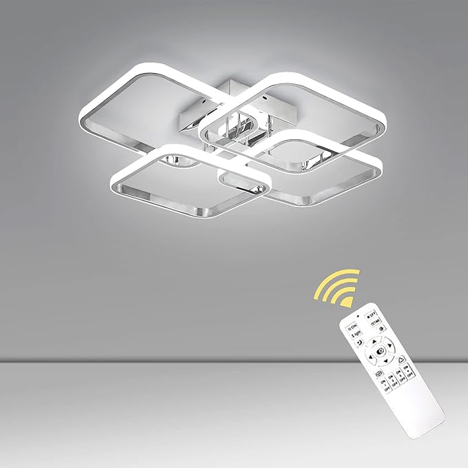 CANEOE Dimmable Modern Led Ceiling Light, 4 Rings Square Ceiling Lamp with Remote Control, 48W Chrome Acrylic Ceiling Lighting Fixture for Living Room Dining Room Kitchen Office Lamps