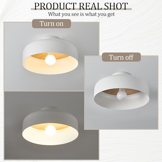 Modern Semi Flush Mount Ceiling Light with Natural Hickory Wood, 12.6" Matte White Light Fixture for Entryway, Hallway, Kitchen, E26 Base
