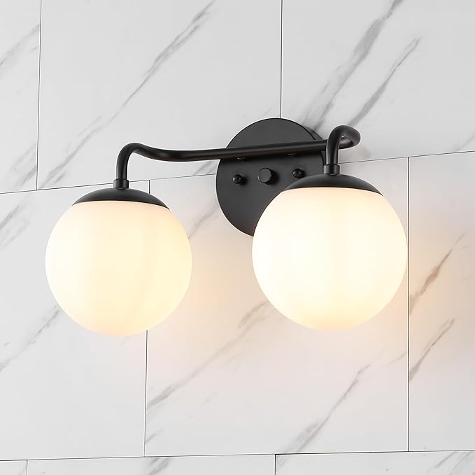 JONATHAN Y 15" Black Modern Globe Wall Sconce Vanity Light for Bathroom, White Frosted Glass Shade, Midcentury Parisian Bistro Wall Lamp, LED Bulb Included (JYL3535B)
