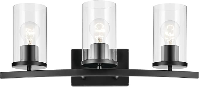 Kichler Crosby 23" 3-Light Vanity Light with Clear Glass in Black, for Bathroom, Powder Room, (23" x 8.75"), 45497BKCLR
