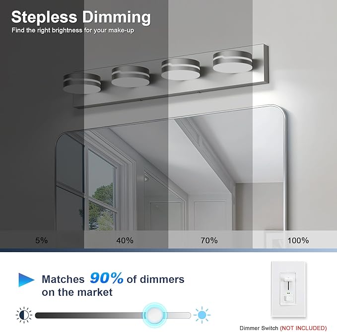 Modern 4-Light Brushed Nickel Bathroom Light Fixture for Bathroom Lighting Fixtures Over Mirror 24W Brushed Nickel Vanity Led Lighting with 350°Rotatable Acrylic Heads (Cool White 5500k)