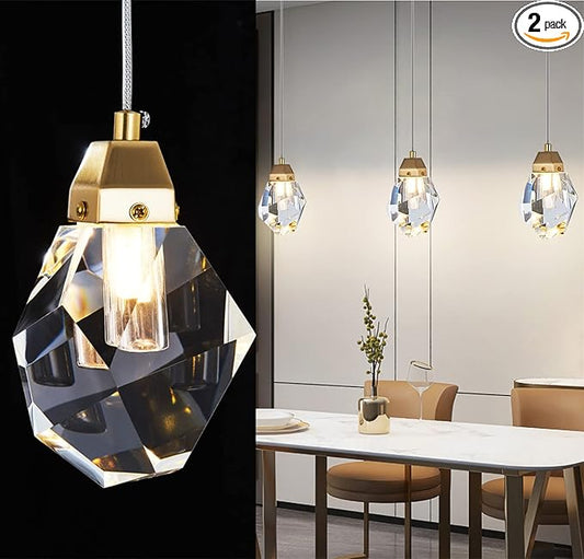 Diamond Crystal Pendant Light, 2 Pack Mini Ceiling Hanging Light in Gold Brushed Brass Finish Prism Crystal Color Changing Led Hanging Light for Kitchen Island Bathroom Bedroom Bar