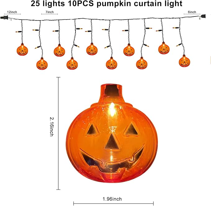 Halloween Pumpkin Icicle Lights, 7Ft Outdoor Halloween Decorations String Light with 10 Pumpkin Light 15 Mini Orange Bulbs, Plug in Pumpkin Curtain Lights for Indoor Outdoor Patio Party Holiday