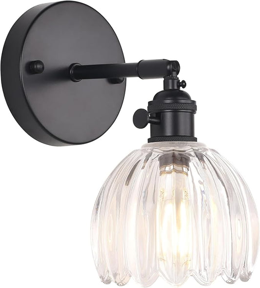 Shenmoyl Vintage Wall Sconce with Transparent Tulip Glass Lampshade 180 Degree Adjustable Black Sconce Hradwired Modern Wall Lighting Fixture with Switch for Bedside Bedroom Doorway