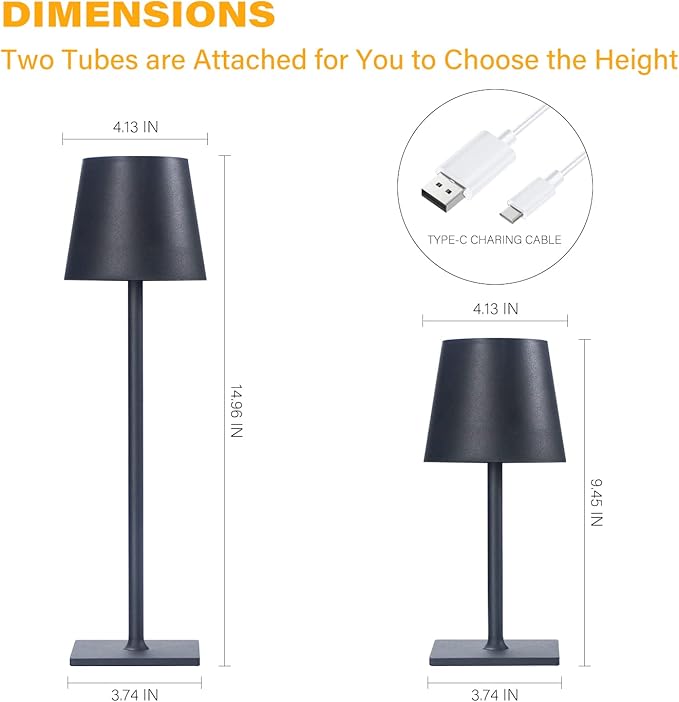 CHLORANTHUS Cordless Table Lamps, 3 Colors Stepless Dimming, 5000mAh Rechargeable Battery LED Desk Lamp for Bedroom/Couple Dinner/Desk/Cafe/Dining Room/Terrace (Black)