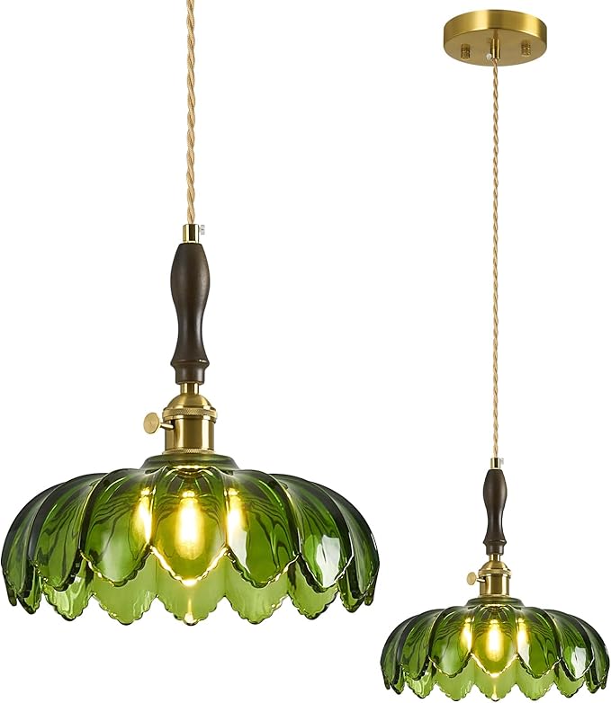 Modern Green Glass Pendant Light Retro Flower Glass Hanging Lamp Gold Brass Decorative Adjustable Ceiling Hanging Light Suitable for Kitchen Island Bedroom Dining Room Living Room