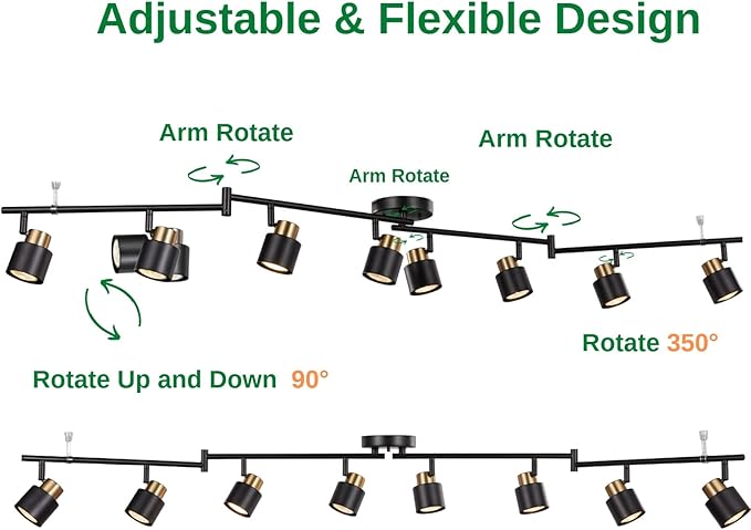 8 Light Foldable Track Lighting Kit, Matt Black Brass Finish Adjustable with Moden Flush Mount Ceiling Spotlight for Kitchen,Dining,Living Room,Home Improvement