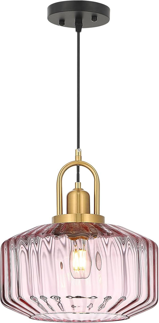 11.8in Mid Century Modern Pink Glass Pendant Light Fixture, Large Gold Kitchen Island Pendants Light Glass Ceiling Hanging Lamp for Foyer Dining Room Bedroom Entryway Hallway Over Sink