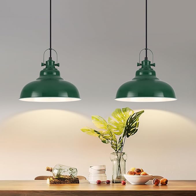 Green Pendant Lights Kitchen Island 2 Pack, Dome Pendant Light, Farmhouse Pendant Light Fixtures (11.41" W), Island Pendant Light for Kitchen, Restaurants, Cafes