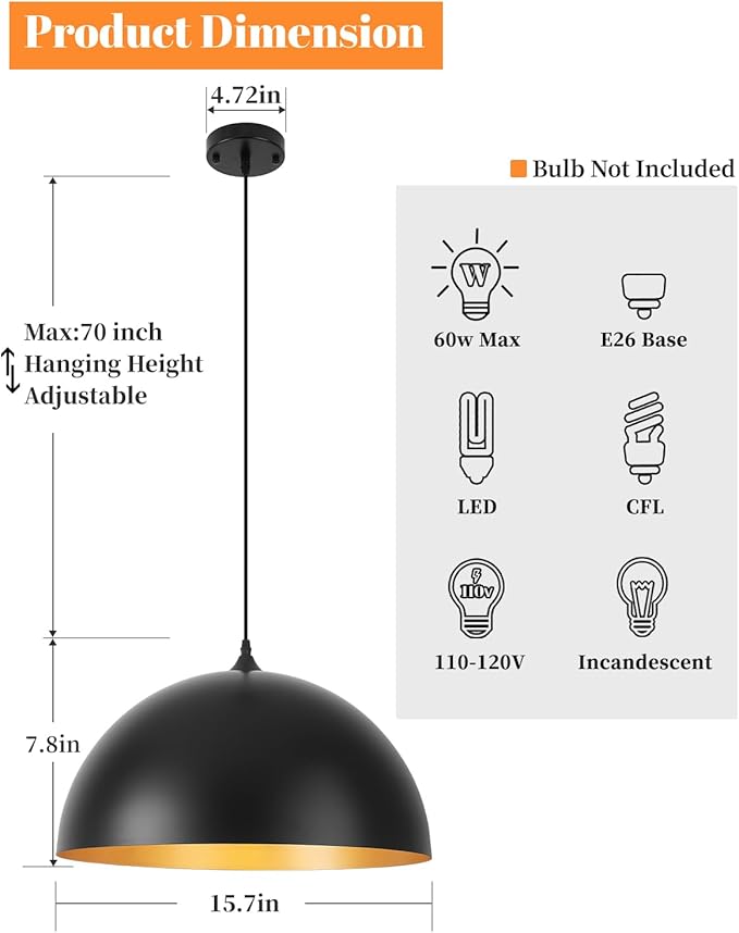 15.7" Black Pendant Lights Kitchen Island - Large Industrial Pendant Light Gold Interior Dome Hanging Light for Dining Room, Bedroom