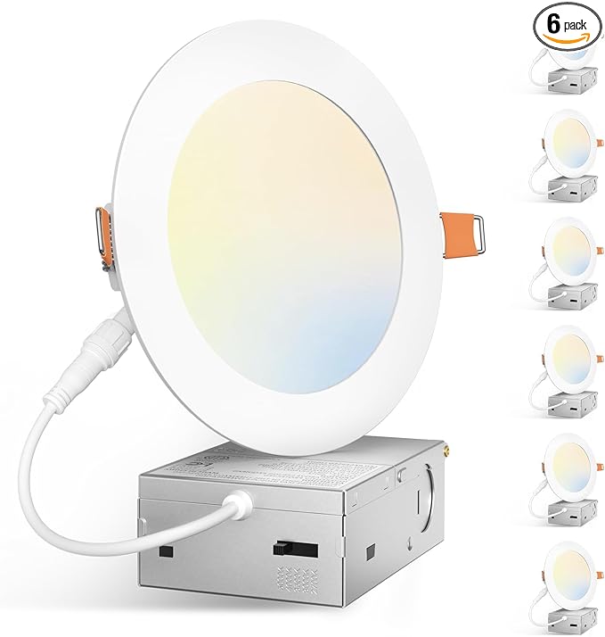 Amico 6 Pack 5 Inch 5CCT Ultra-Thin LED Canless Recessed Ceiling Light with Junction Box, 2700K/3000K/3500K/4000K/5000K Selectable, 11W=75W, 900LM High Brightness, Dimmable Wafer Downlight-ETL&FCC