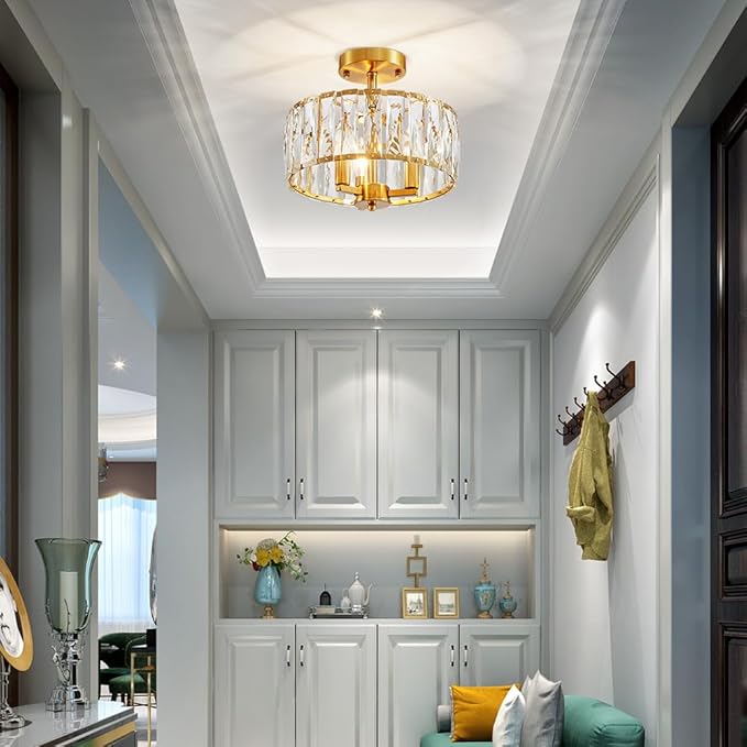 AGV LIGHTING CL003CO Crystal Semi Flush Mount Ceiling Light Fixture, E12 Base 3-Lights, D13 x H15, Copper Finish