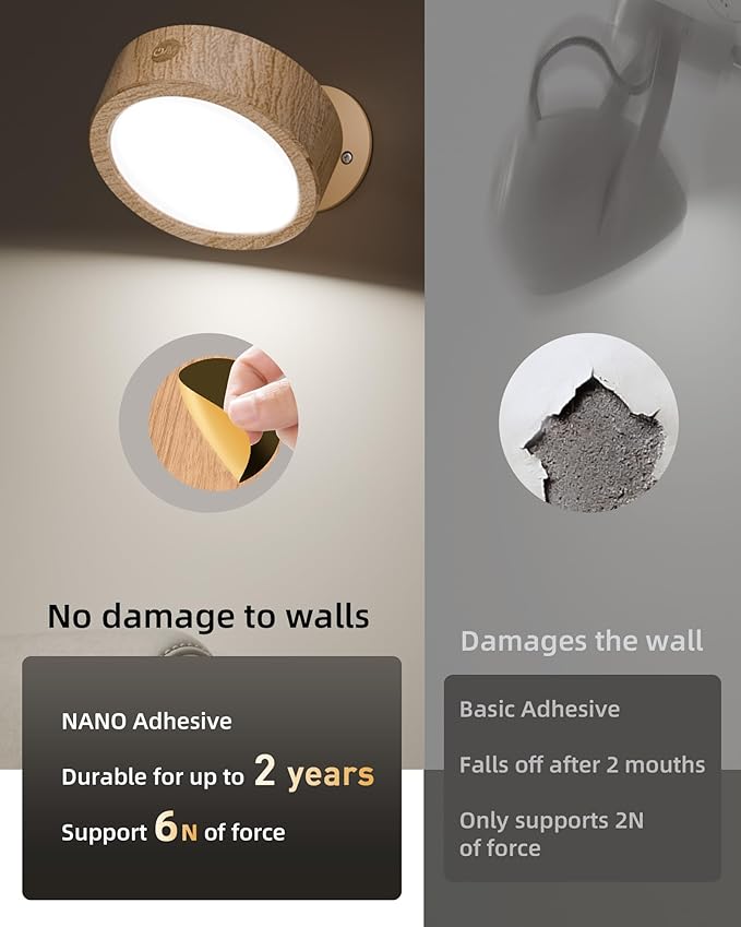 EZVALO LED Wall Mounted Light, 3000mAh Rechargeable Cordless Wall Sconce, Dimmable with Remote & Touch Control, 3 Color Temps, 360° Rotatable for Bedroom, Bedside, Reading(Wood, 2Pack)