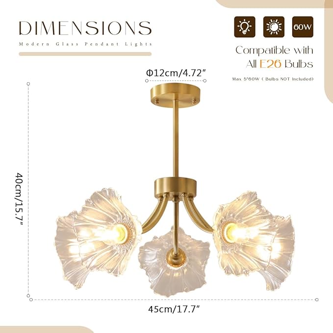 Semi-Flush Mount Ceiling Lights Fixtures Mid Century Modern Ceiling Lamp with Clear Glass Flower Shade Glass 5-Lights Chandelier Gold Brass Ceiling Lighting for Bedroom Dining Room