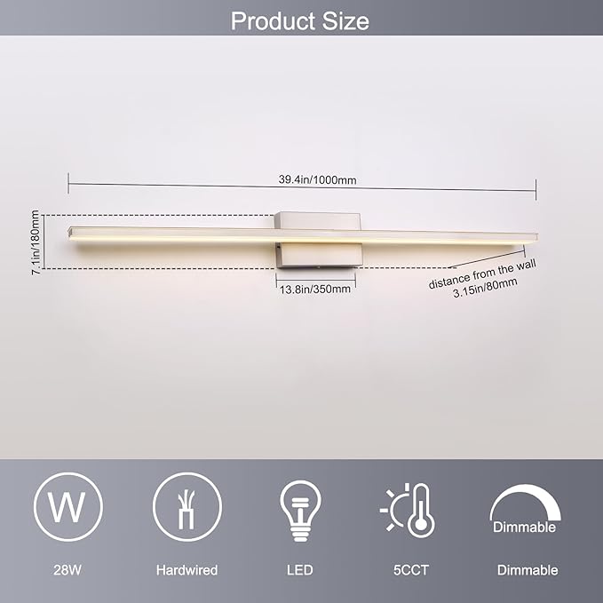 39.4 inch Brushed Nickel Bathroom Vanity Light Bar 5CCT Dimmable Bathroom Light Fixtures Over Mirror Modern LED Vanity Lighting Bath Light