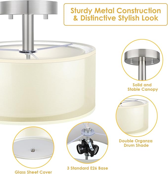 FOLKSMATE Semi Flush Mount Ceiling Light Fixture, Gold 3-Light Drum Light with Double Fabric Shade, Modern Close to Ceiling Lamps for Living Room, Bedroom, Dining Room, Kitchen, Hallway, Entry, Foyer