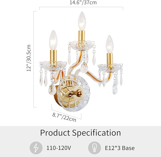 WUZUPS 3-Light Candle Vanity Wall Sconces Light Fixture for Bedroom Living Room Bathroom, E12 Base, Gold