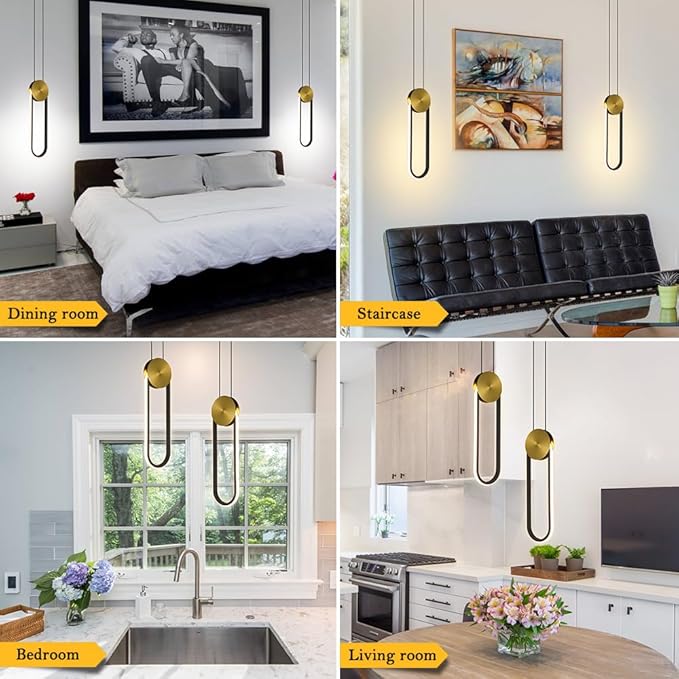 Modern Pendant Lights Fixtures Set of 2, LED Black and Gold Dimmable Pendant Light for Kitchen Island, Small Kitchen Pendant Lighting with RC, Oval Adjustable Hanging Lamp for Dining Room Bar Bathroom